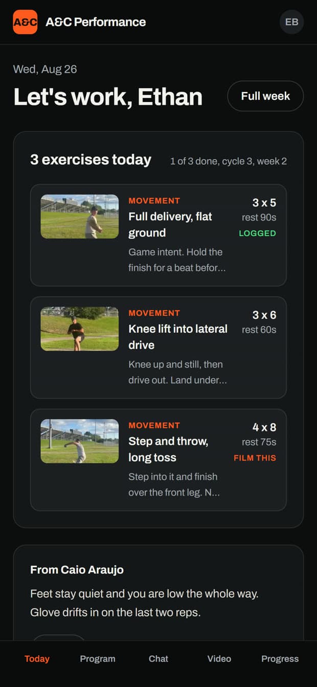The app on a phone, showing today's three exercises with demo video, sets and rest
